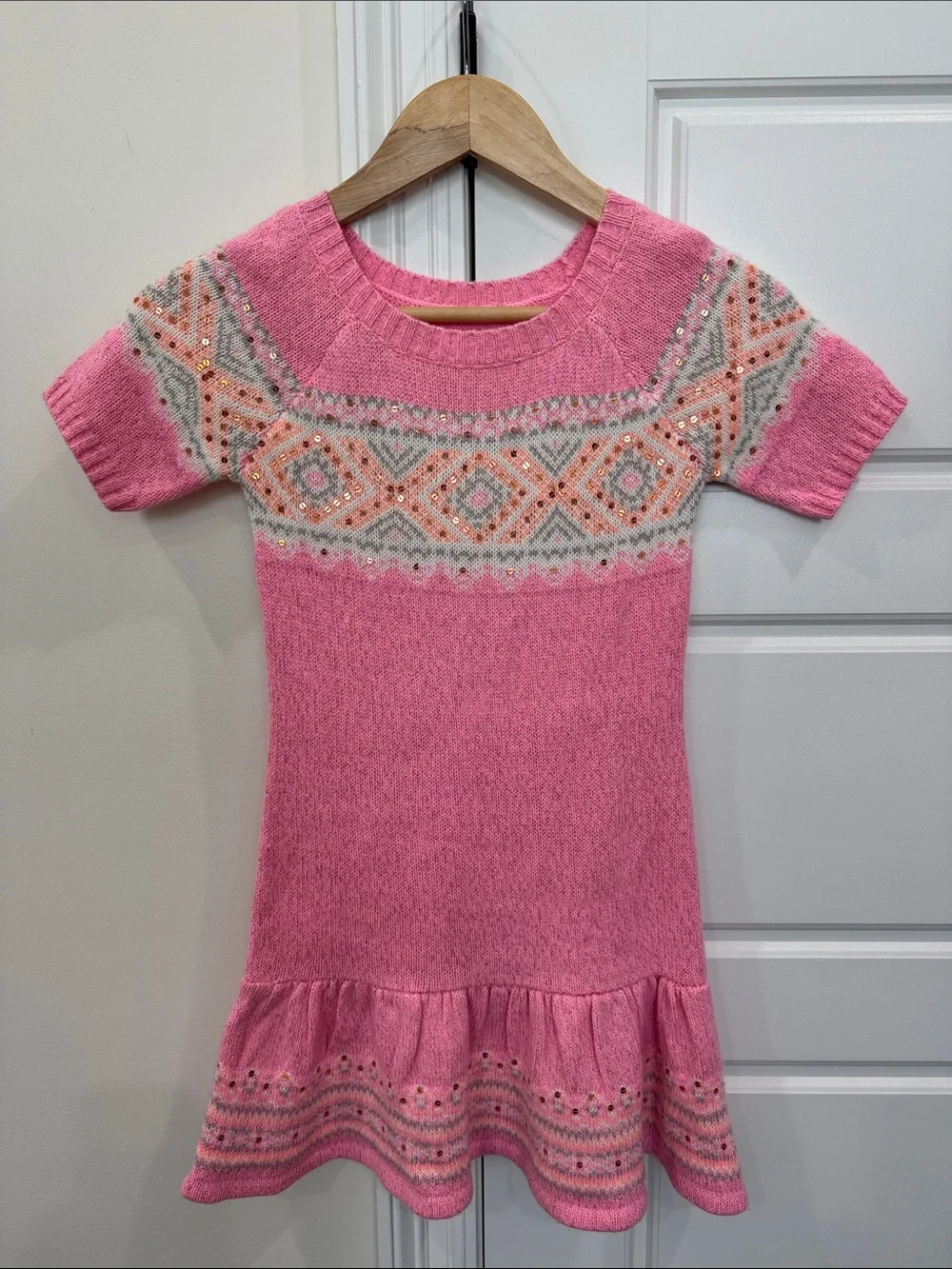 Justice Girls Sweater Dress Pink w/Rose Gold Sequins Short Sleeve, size 10